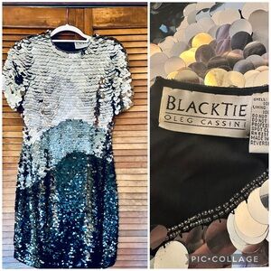 Oleg Cassini Black Tie designer silk and sequined dress. Size 6
